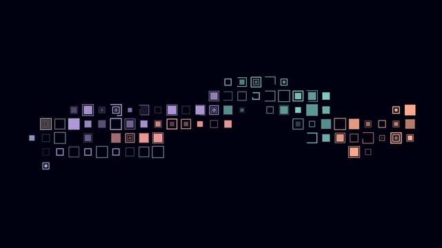Gambia map animation. Shape of the country with pulsating colored dots. Large size square blocks. Digital style Gambia map on dark background. Modern video.