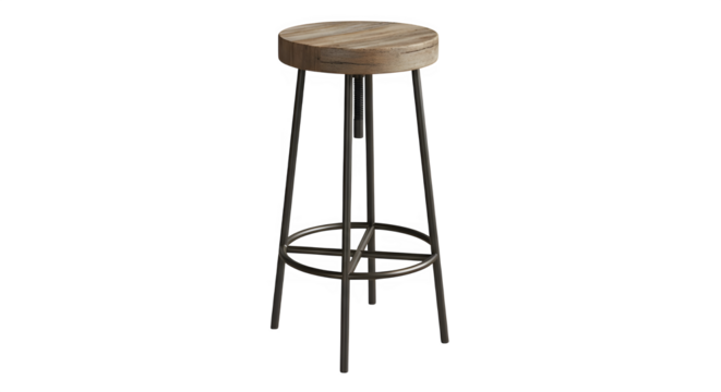 Rustic wooden bar stool with metal legs isolated on transparent background, perfect for a kitchen or bar area