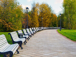 lots of benches in the city park in autumn