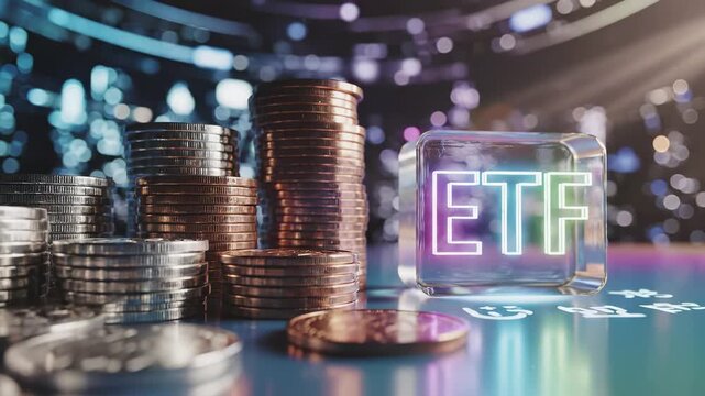 Etf transparent glass cube with coin stacks. Exchange traded fund investment, financial growth strategy, portfolio diversification. Money management, passive income, wealth accumulation, market