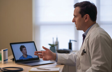 Telehealth Doctor Consultation: Physician Talking to Patient via Laptop Video Call