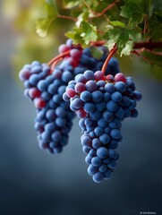 A close-up showcases a cluster of ripe, succulent grapes, their deep hues contrasting against the delicate green leaves