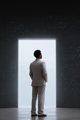 Obraz premium African adult male standing in futuristic doorway with digital light patterns