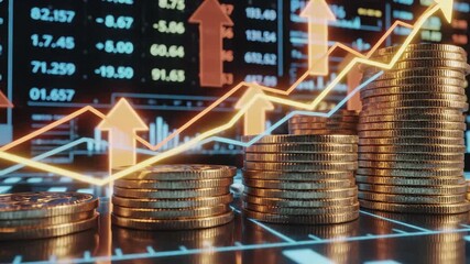 Stacked coins rise progressively with glowing upward trend arrows and financial market data display. Investment growth, wealth accumulation, performance, profit increase, economic prosperity - Powered by Adobe