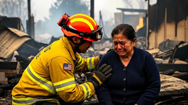 Firefighter comforts grieving woman near burnt house after disaster, a depiction of human empathy in crisis footage