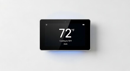 Smart thermostat displaying temperature of 72 degrees fahrenheit isolated on white background, offering convenient climate control and energy efficiency