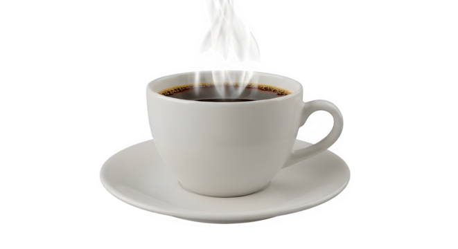 Cup of hot black coffee with steam isolated on transparent background is ready to drink