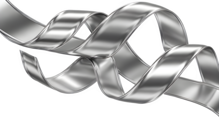 A silver ribbon is twisted and flowing isolated on transparent background, creating a dynamic design element