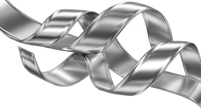 A silver ribbon is twisted and flowing isolated on transparent background, creating a dynamic design element