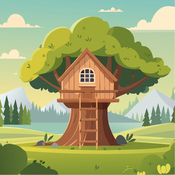 Jolie cabane en bois dans les arbres, maison perch&eacute;e, ciel bleu, journ&eacute;e ensoleill&eacute;e, illustration color&eacute;e