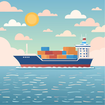 Bateau porte-conteneur qui navigue sur l'oc&eacute;an, transport de marchandises, transport maritime, ciel bleu, soleil 