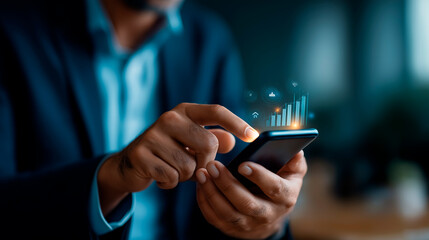 Faceless businessman using mobile smartphone with icon network connection data and growth graph customer digital marketing analytics banking payment online analysis planning bus