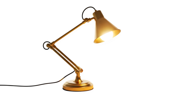 Vintage golden desk lamp isolated on transparent background