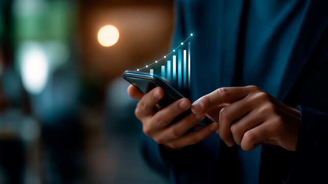 Faceless businessman using mobile smartphone with icon network connection data and growth graph customer digital marketing analytics banking payment online analysis planning bus