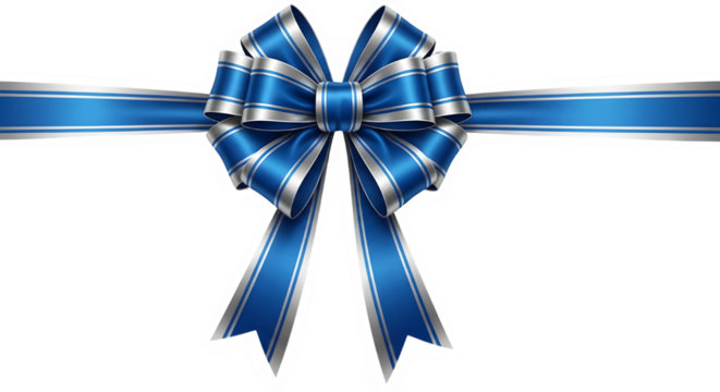 Elegant blue ribbon with silver trim isolated on transparent background, perfect for gift wrapping