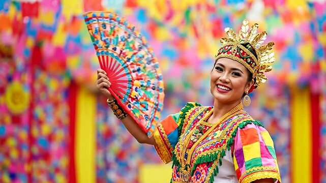 Filipino woman celebrates Sinulog festival with vibrant fan and patterned backdrop