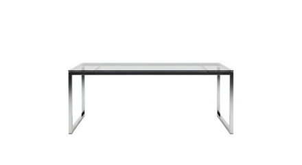 Modern glass top desk with metal frame isolated on transparent background for office use