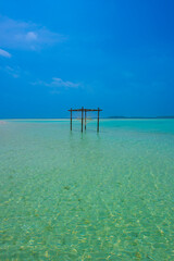 Tranquil closeup calm sea water waves with palm trees. Hammock in the shore. Tropical island beach landscape exotic shore coast. Summer vacation, holiday amazing nature. Relax paradise, Maldives.