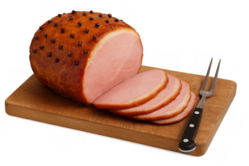 Glazed ham on cutting board with slices for holiday meal preparation, cloves and carving fork, transparent background