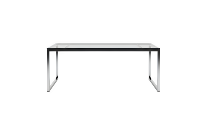 Modern glass top desk with metal frame isolated on transparent background for office use