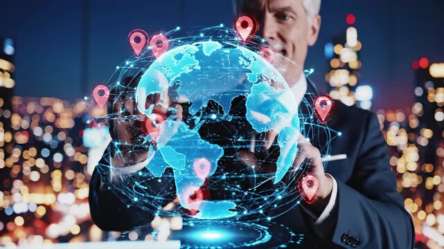 Businessman interacts with holographic globe featuring multiple red location pins and network connections against blurred city lights. Global business, international logistics, geolocation technology
