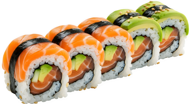Salmon and avocado sushi roll with seaweed isolated on transparent background for asian cuisine