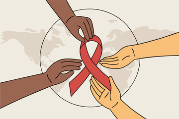 Hands Uniting for HIV Awareness with Red Ribbon - Global Solidarity