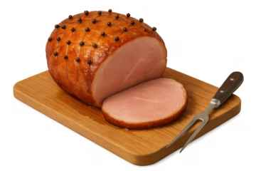 Glazed ham on cutting board, sliced pork ready for serving, traditional holiday meal preparation on transparent background