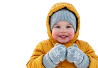 Happy toddler in yellow winter jacket and grey hat isolated on transparent background