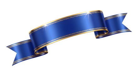 Elegant blue ribbon banner with golden trim isolated on transparent background, perfect for decoration
