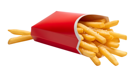 French fries in a red paper box isolated on transparent background, a popular fast food item