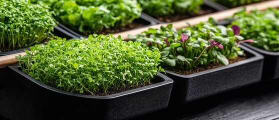 Rows of fresh green microgreens growing in black trays, healthy plants in indoor farming containers.