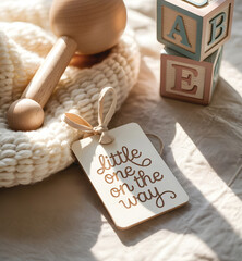Little One on the Way: Pregnancy Announcement with Baby Blocks and Wooden Rattle