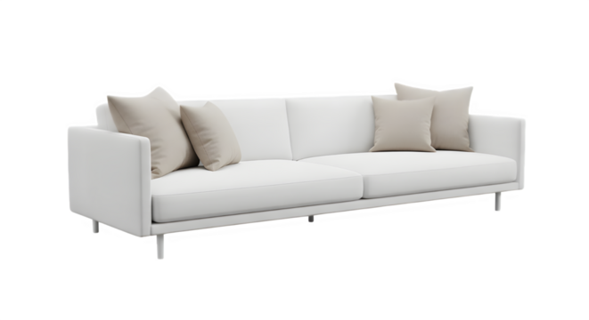 Modern white sofa with beige pillows isolated on transparent background, a stylish living room furniture