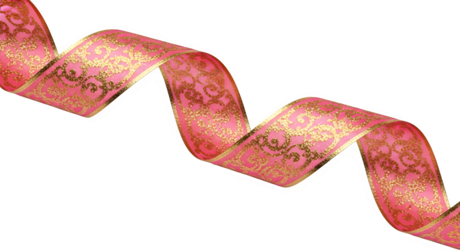 Closeup of a decorative pink ribbon with gold accents isolated on transparent background