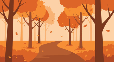 Flat vector wallpaper of an autumn hiking path surrounded by tall orange trees with falling leaves, peaceful seasonal forest atmosphere