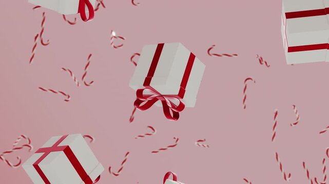 Horizontal 3d Christmas New Year gifts red ribbon bow candy canes falling loop animation floating background pastel festive winter elegant glossy shiny banner decoration merry greeting card mockup
