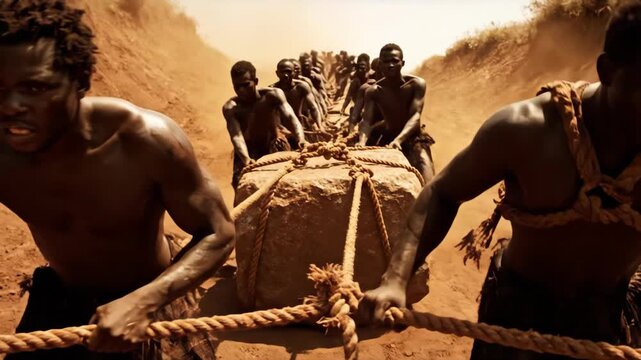African men pulling heavy stone with ropes in arid landscape. Traditional group labor hauling large rock uphill. Collaborative effort in desert quarry work. Documentary footage of communal task.