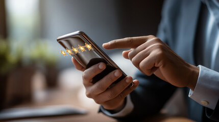 Close up on faceless customer man hand pressing on smartphone screen with gold five star rating feedback icon press level three rank good give score point review service business