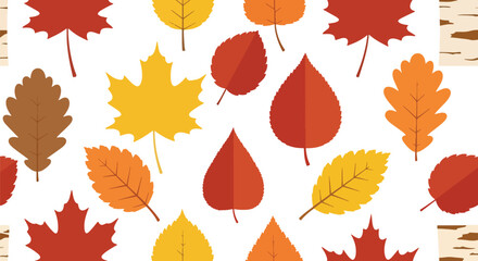 Flat wallpaper seamless pattern of repeating leaf patterns in autumn colors, simple seasonal background