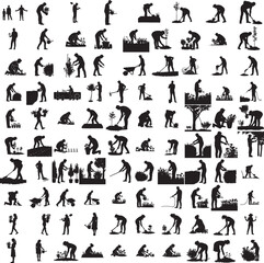 Silhouette of a person gardening isolated on white background