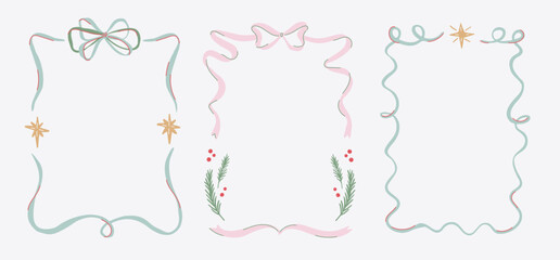 Set of Christmas frames made of pastel ribbons with bows, stars, pine branches, and berries isolated on light background. Hand drawn vector illustration. Christmas and winter holiday concept