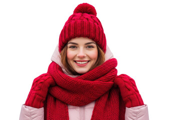 Young woman wearing red winter hat and scarf isolated on transparent background