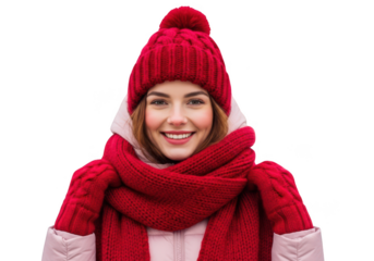 Young woman wearing red winter hat and scarf isolated on transparent background
