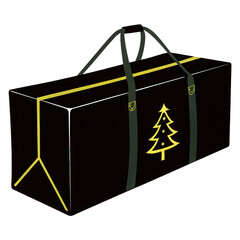 Large black storage bag, green straps, zipper, Christmas tree icon, festive, transparent joy on transparency background