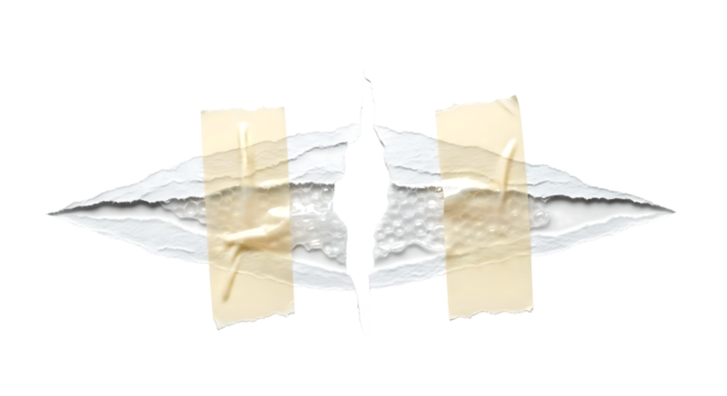 Torn paper with rough edges taped together in the center creating a dark void like opening against a black background