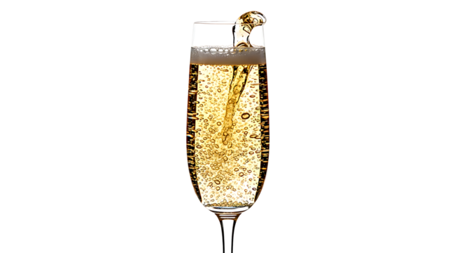 Close up of a champagne flute filled with bubbly golden liquid and effervescent bubbles rising against a stark black background