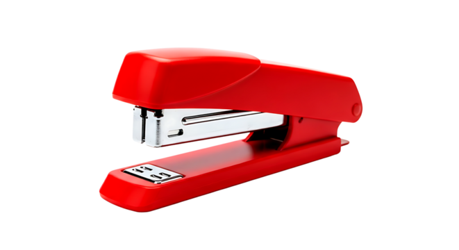 A vibrant red office stapler a common stationery tool for binding papers isolated on a stark black background showcasing its functional design and bright color
