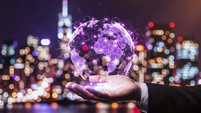 Hand holds glowing purple globe with network connections and nodes against blurred colorful city lights bokeh background. Global connectivity, international communication, digital infrastructure - Powered by Adobe