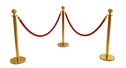 Elegant golden stanchions with plush red velvet ropes creating a luxurious barrier for vip access and exclusive event entrances on a black background